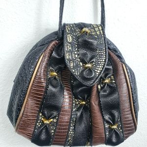 Vintage 80s Black, Brown and Gold Ruched Flap Front Crossbody or Shoulder Bag